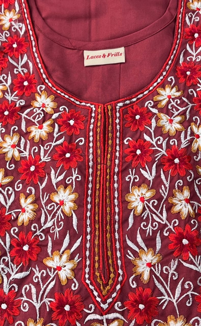 Onion Pink Embroidery Soft Cotton Nighty. Soft Breathable Fabric | Laces and Frills - Laces and Frills