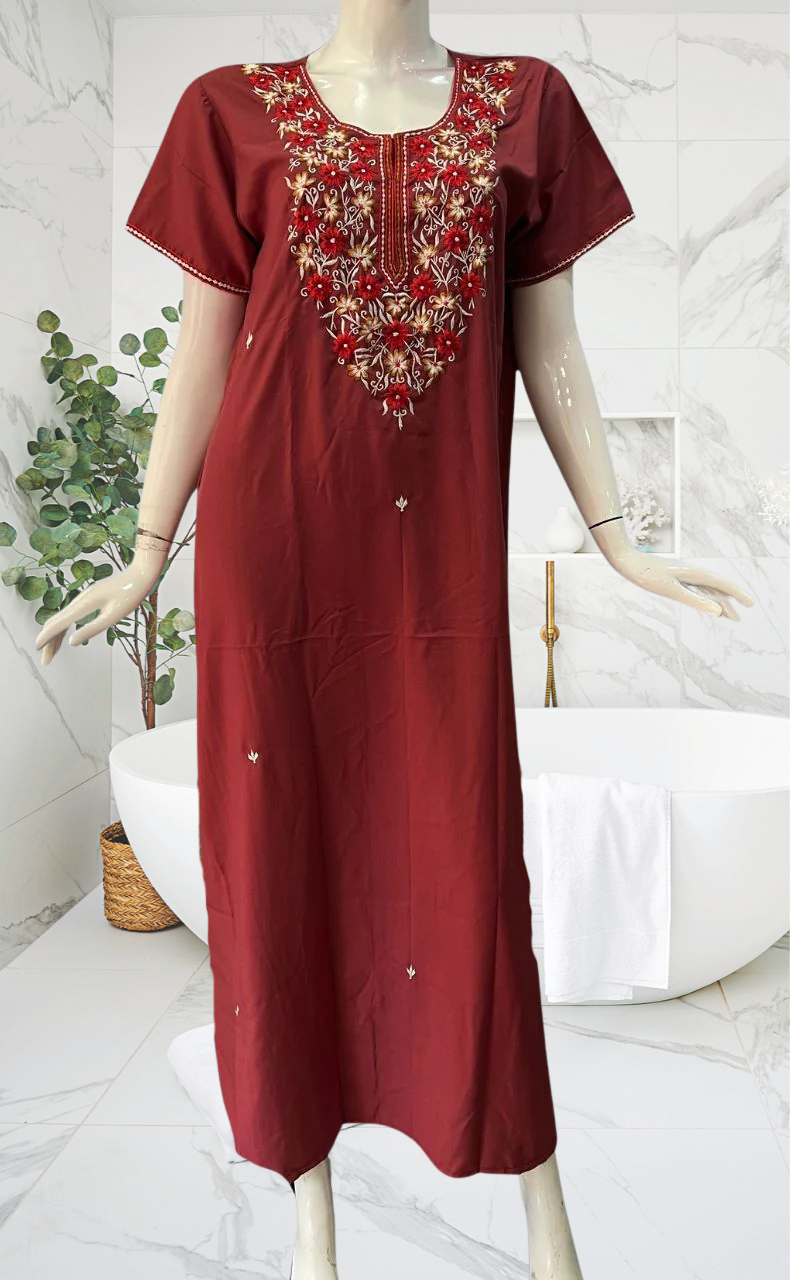 Onion Pink Embroidery Soft Cotton Nighty. Soft Breathable Fabric | Laces and Frills - Laces and Frills