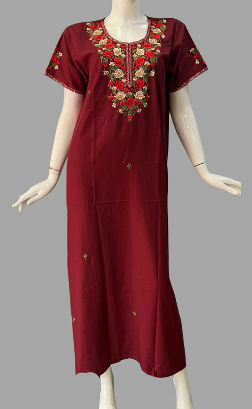 Dark Maroon Parsi Embroidery Soft Free Size Nighty . Soft Breathable Fabric | Laces and Frills - Laces and Frills