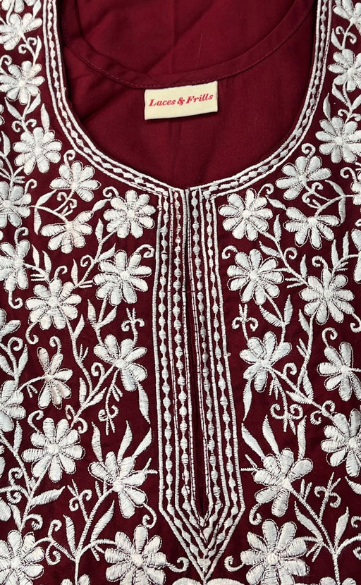 Dark Maroon/White Embroidery Soft Free Size Nighty . Soft Breathable Fabric | Laces and Frills - Laces and Frills