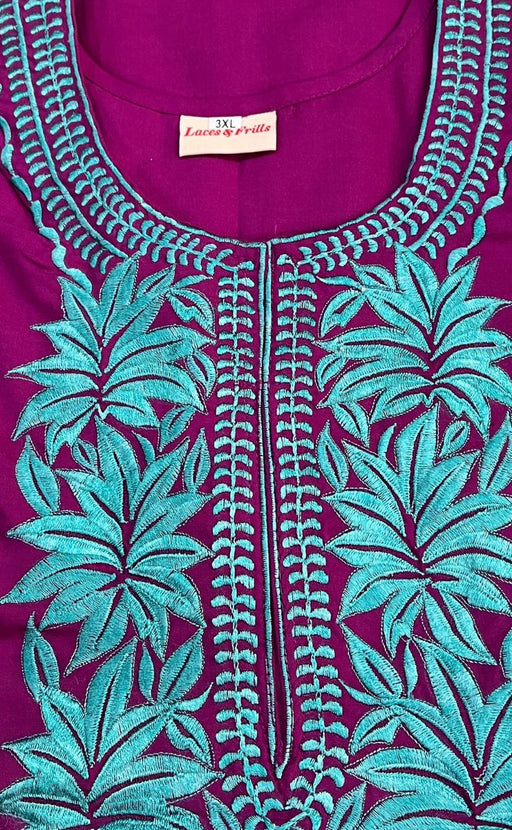 Violet/Sea Green Embroidery Soft 3XL Nighty. Soft Breathable Fabric | Laces and Frills - Laces and Frills