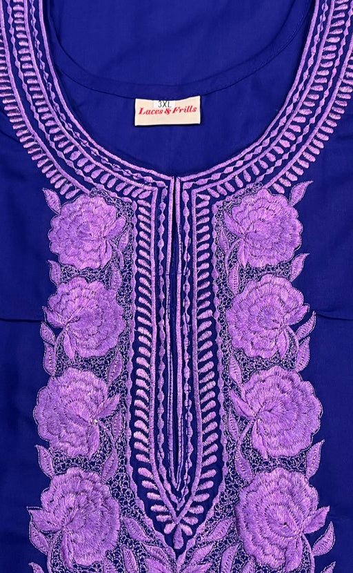Royal Blue/Lavender Embroidery Soft 3XL Nighty. Soft Breathable Fabric | Laces and Frills - Laces and Frills