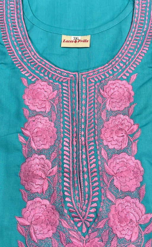 Sea Green/Pink Embroidery Soft 3XL Nighty. Soft Breathable Fabric | Laces and Frills - Laces and Frills