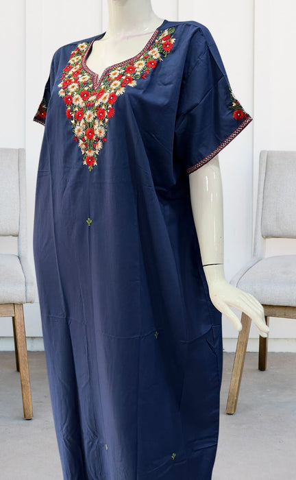 Indigo Blue Kashmiri Embroidery Soft Cotton 3XL Nighty . Soft Breathable Fabric | Laces and Frills - Laces and Frills