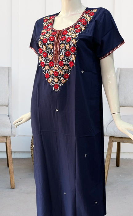 Navy Blue Embroidery Soft 3XL Nighty. Soft Breathable Fabric | Laces and Frills - Laces and Frills