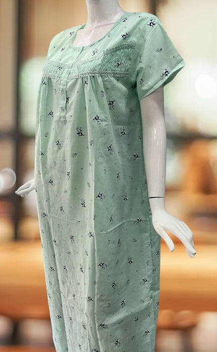 Sea Green Floral Cotton Free Size Nighty . Pure Durable Cotton | Laces and Frills
