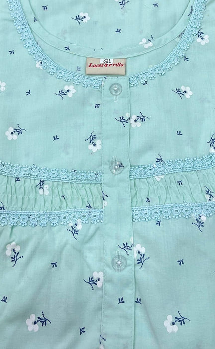 Sea Green Tiny Flora Pure Boutique Cotton Nighty. Pure Durable Cotton | Laces and Frills - Laces and Frills
