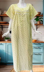 Yellow Tiny Flora Boutique Cotton Nighty. Pure Durable Cotton | Laces and Frills - Laces and Frills