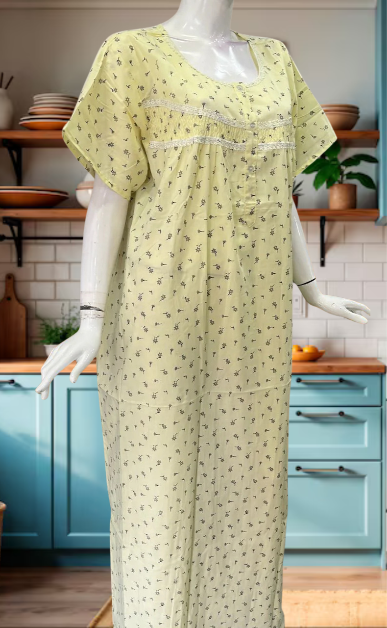 Yellow Tiny Flora Boutique Cotton Nighty. Pure Durable Cotton | Laces and Frills - Laces and Frills