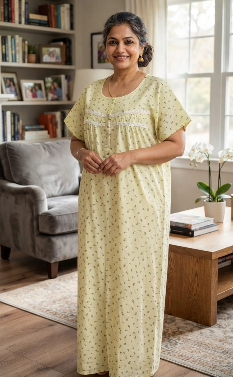 Yellow Tiny Flora Boutique Cotton Nighty. Pure Durable Cotton | Laces and Frills