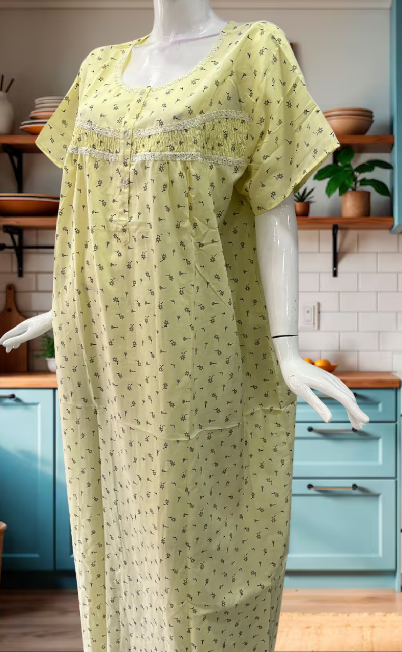 Yellow Tiny Flora Boutique Cotton Nighty. Pure Durable Cotton | Laces and Frills - Laces and Frills
