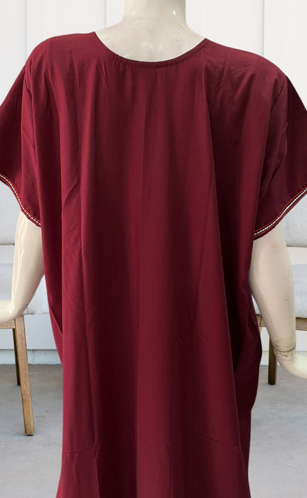 Dark Maroon Parsi Embroidery Soft Cotton Nighty. Soft Breathable Fabric | Laces and Frills - Laces and Frills
