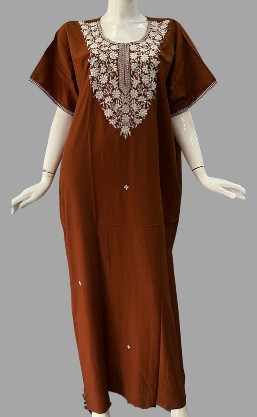 Brown Parsi Embroidery Soft Cotton Nighty. Soft Breathable Fabric | Laces and Frills - Laces and Frills