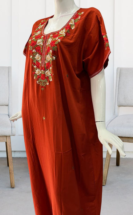 Rust Maroon Parsi Embroidery Soft Cotton Nighty. Soft Breathable Fabric | Laces and Frills - Laces and Frills