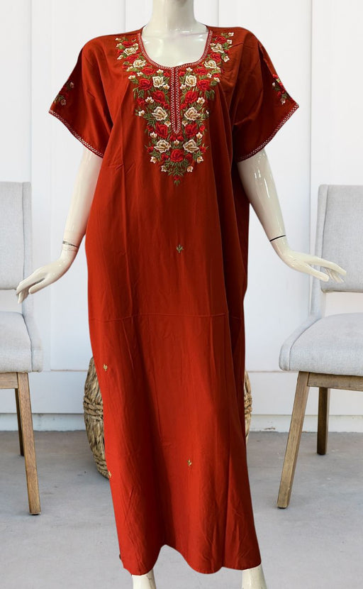 Rust Maroon Parsi Embroidery Soft Cotton Nighty. Soft Breathable Fabric | Laces and Frills - Laces and Frills