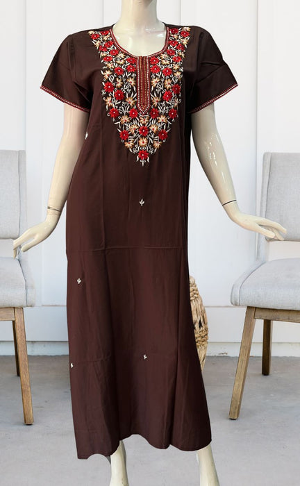 Dark Brown Embroidery Soft Cotton Nighty. Soft Breathable Fabric | Laces and Frills - Laces and Frills