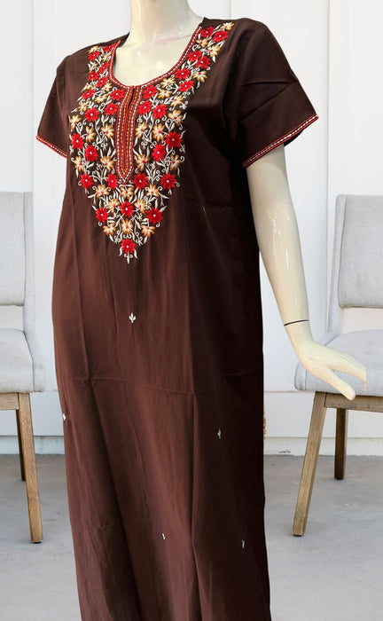 Dark Brown Embroidery Soft Cotton Nighty. Soft Breathable Fabric | Laces and Frills - Laces and Frills