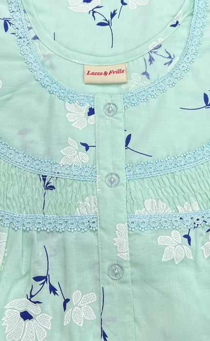Sea Green Floral Boutique Pastel Nighty. Pure Durable Cotton | Laces and Frills - Laces and Frills
