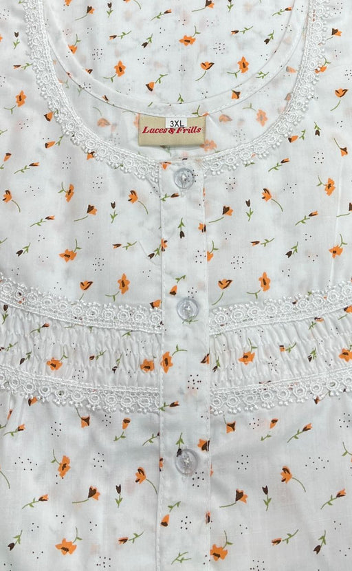 White/Orange Floral Boutique Pastel Nighty. Pure Durable Cotton | Laces and Frills - Laces and Frills