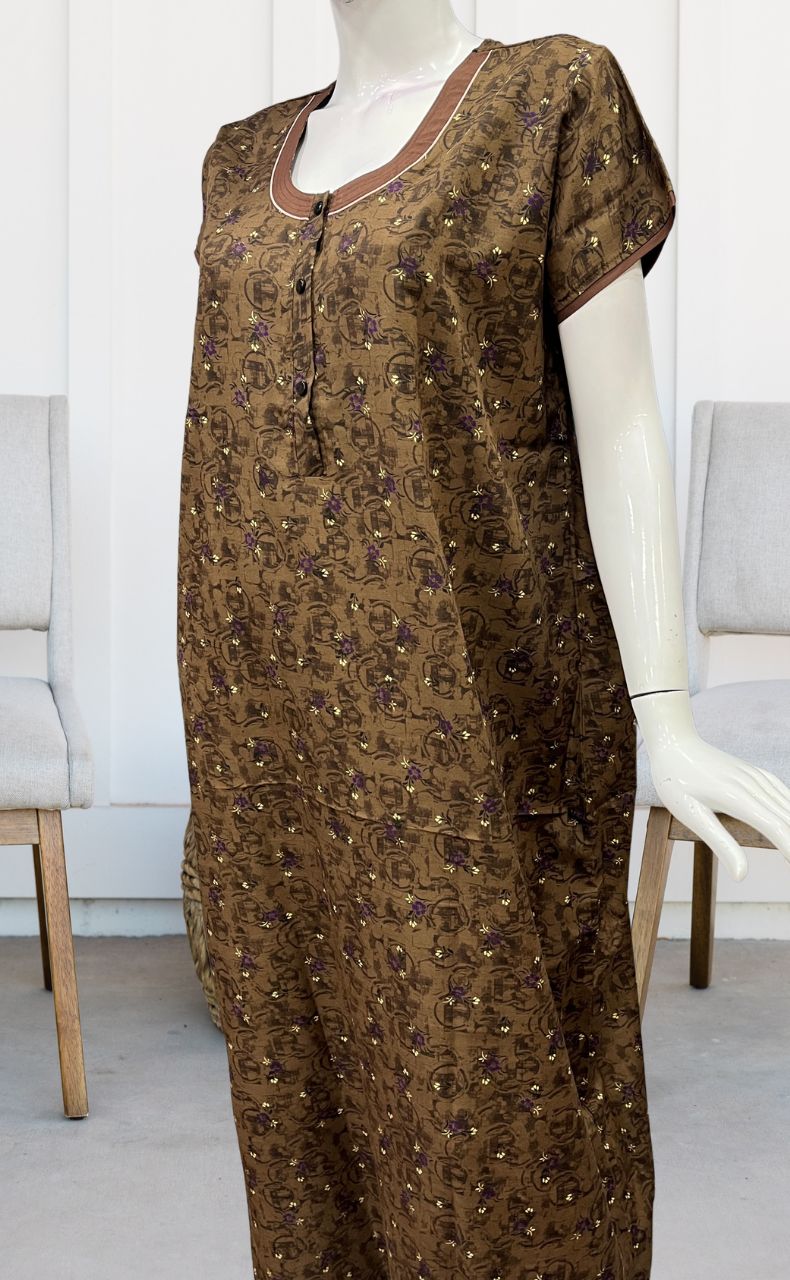 Brown Tiny Floral Soft Free Size Nighty . Soft Breathable Fabric | Laces and Frills - Laces and Frills