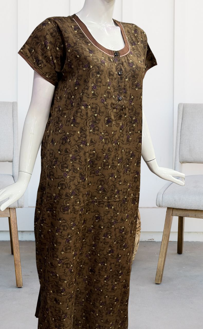 Brown Tiny Floral Soft Free Size Nighty . Soft Breathable Fabric | Laces and Frills - Laces and Frills