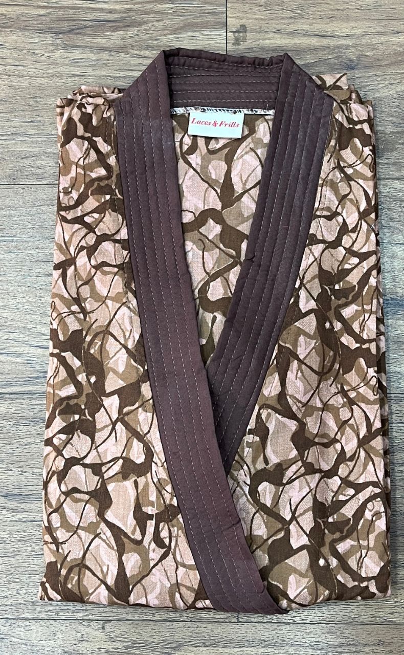 Brown/Peach Abstract House Coat Set. Soft Breathable Fabric | Laces and Frills - Laces and Frills