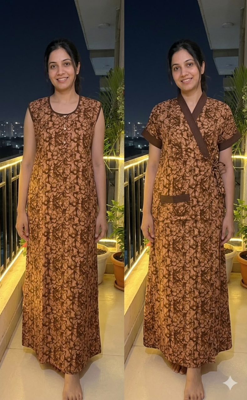 Brown/Peach Abstract House Coat Set. Soft Breathable Fabric | Laces and Frills