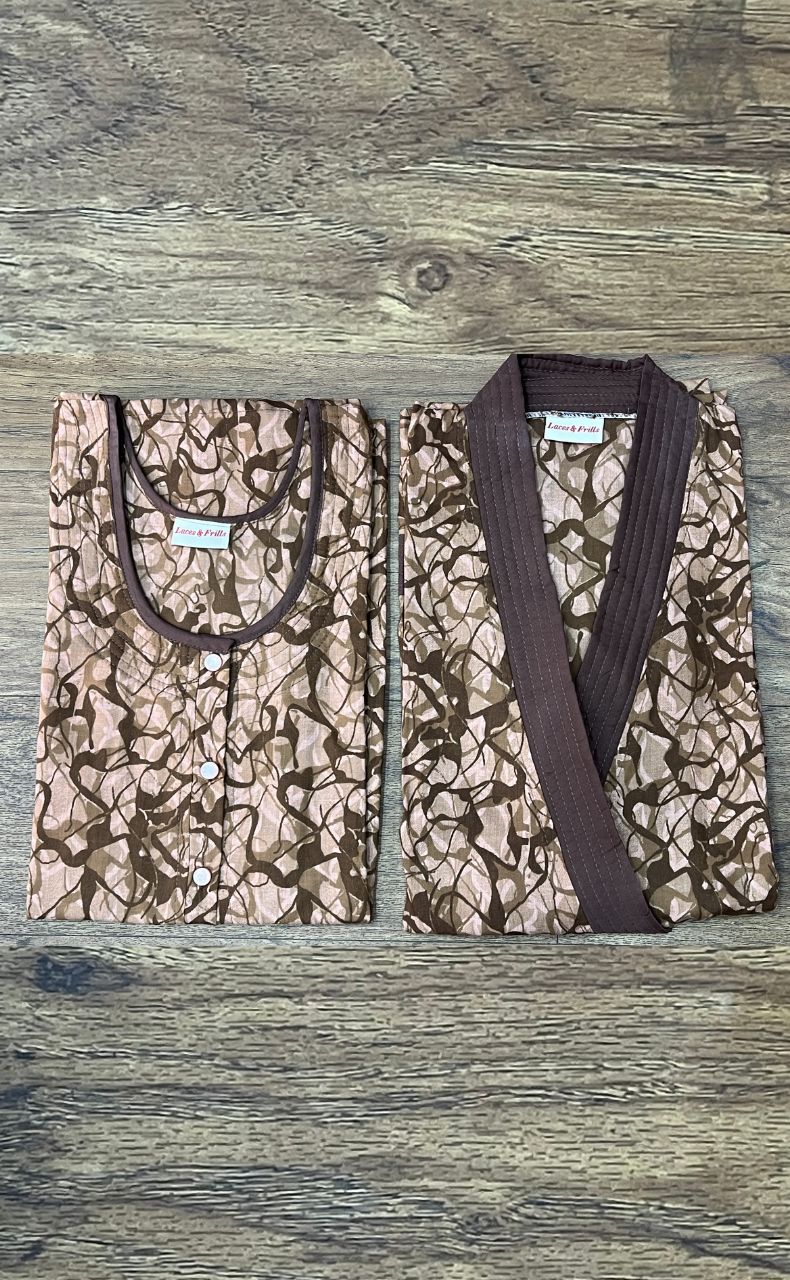 Brown/Peach Abstract House Coat Set. Soft Breathable Fabric | Laces and Frills - Laces and Frills