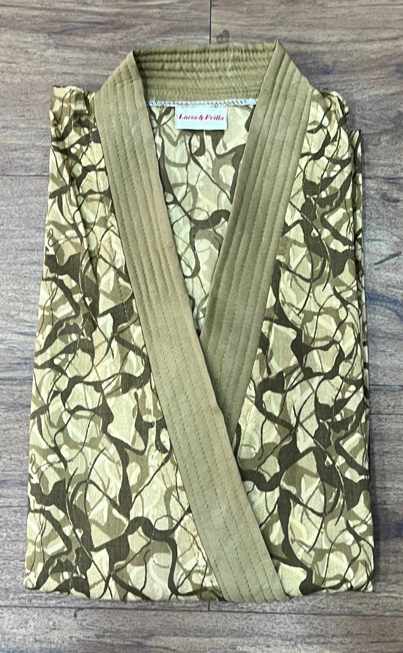 Cream/ Brown Abstract House Coat Set. Soft Breathable Fabric | Laces and Frills - Laces and Frills