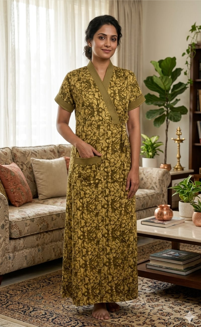 Cream/ Brown Abstract House Coat Set. Soft Breathable Fabric | Laces and Frills - Laces and Frills