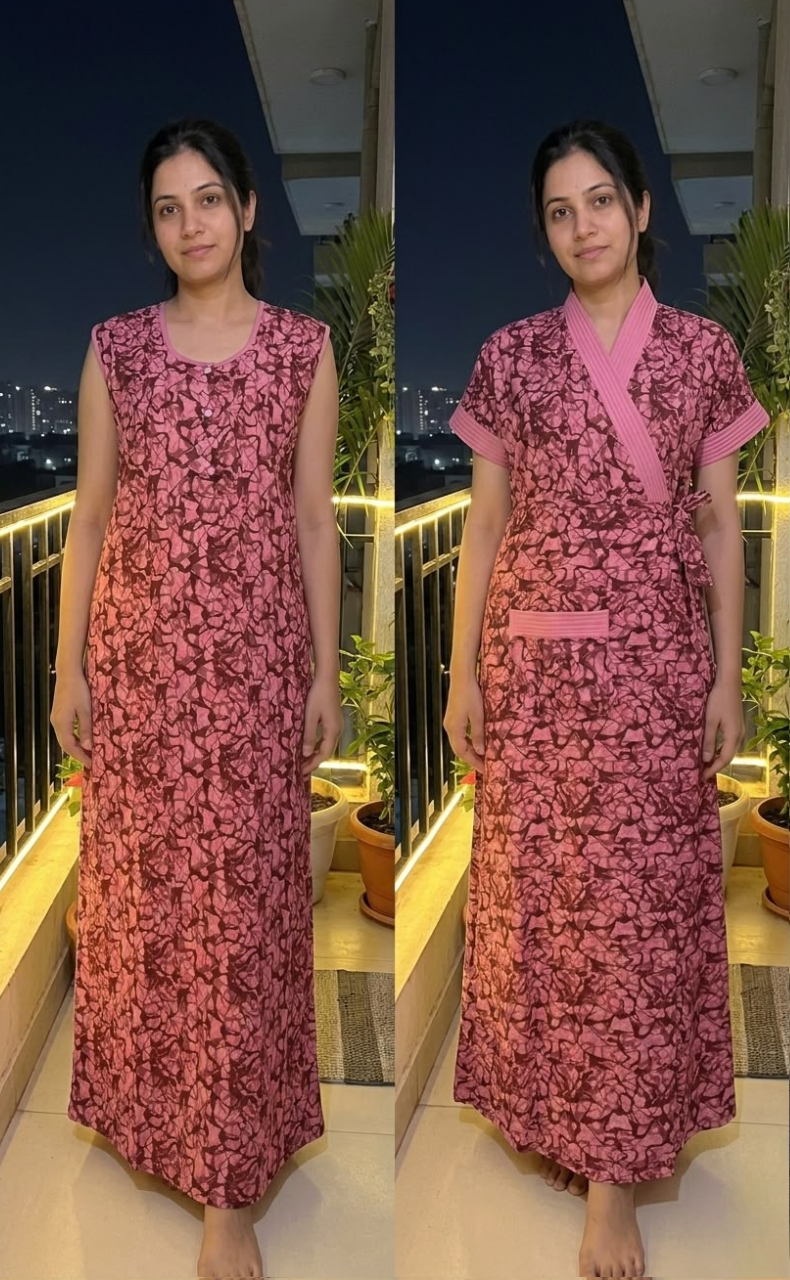 Pink/Maroon Abstract House Coat Set. Soft Breathable Fabric | Laces and Frills