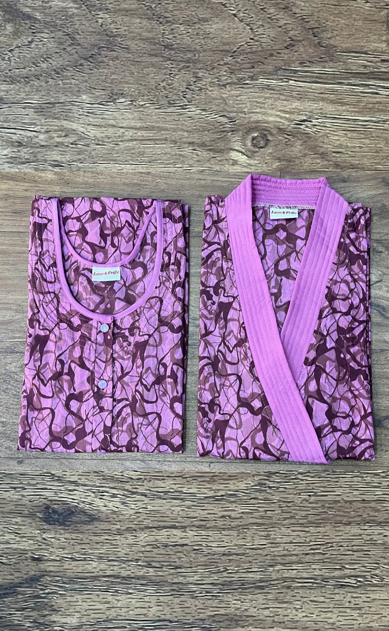 Pink/Maroon Abstract House Coat Set. Soft Breathable Fabric | Laces and Frills - Laces and Frills