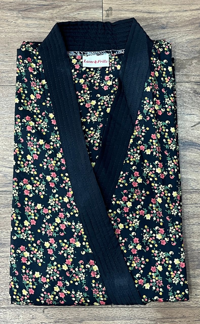 Black Garden House Coat Set. Soft Breathable Fabric | Laces and Frills - Laces and Frills