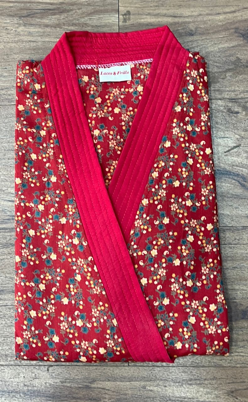 Red Garden House Coat Set. Soft Breathable Fabric | Laces and Frills - Laces and Frills