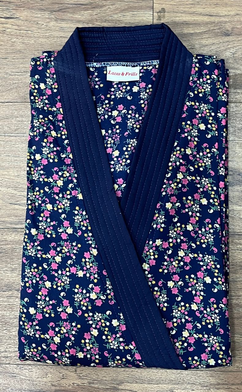 Navy Blue Garden House Coat Set. Soft Breathable Fabric | Laces and Frills - Laces and Frills