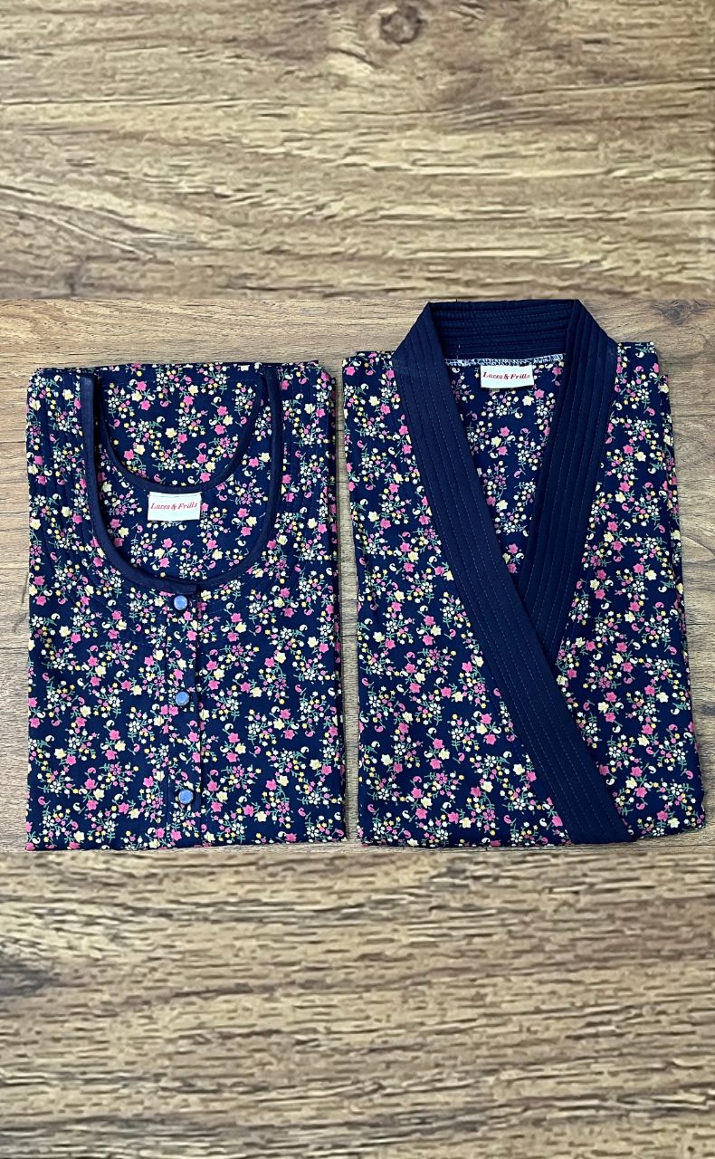 Navy Blue Garden House Coat Set. Soft Breathable Fabric | Laces and Frills - Laces and Frills