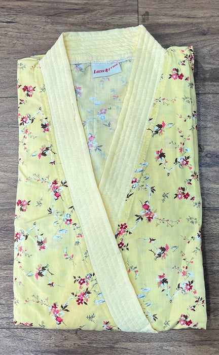 Light Yellow Floral House Coat Set. Soft Breathable Fabric | Laces and Frills - Laces and Frills