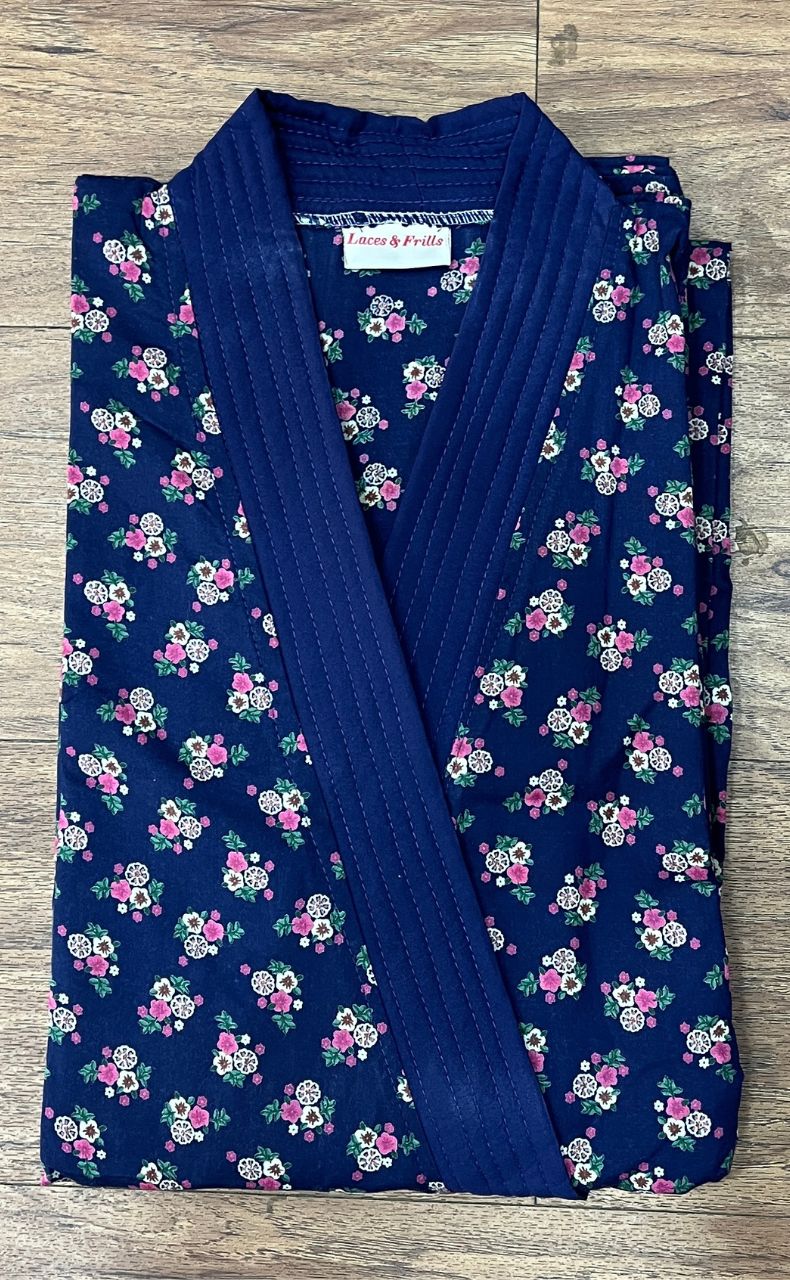 Navy Blue Floral House Coat Set. Soft Breathable Fabric | Laces and Frills - Laces and Frills