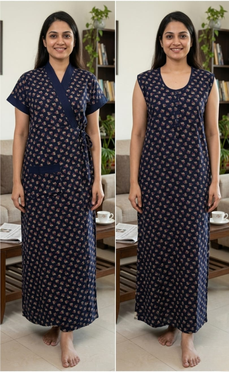 Navy Blue Floral House Coat Set. Soft Breathable Fabric | Laces and Frills