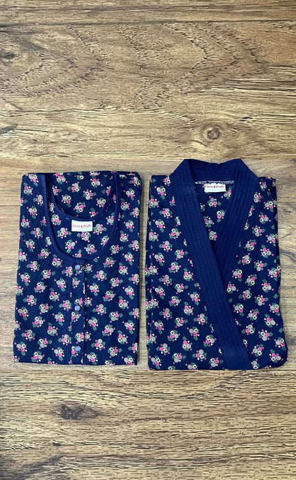 Navy Blue Floral House Coat Set. Soft Breathable Fabric | Laces and Frills - Laces and Frills