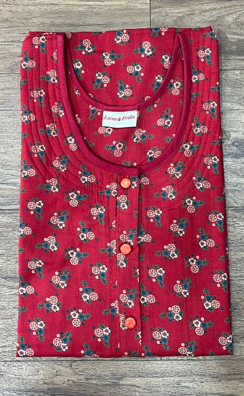 Red Floral House Coat Set. Soft Breathable Fabric | Laces and Frills - Laces and Frills