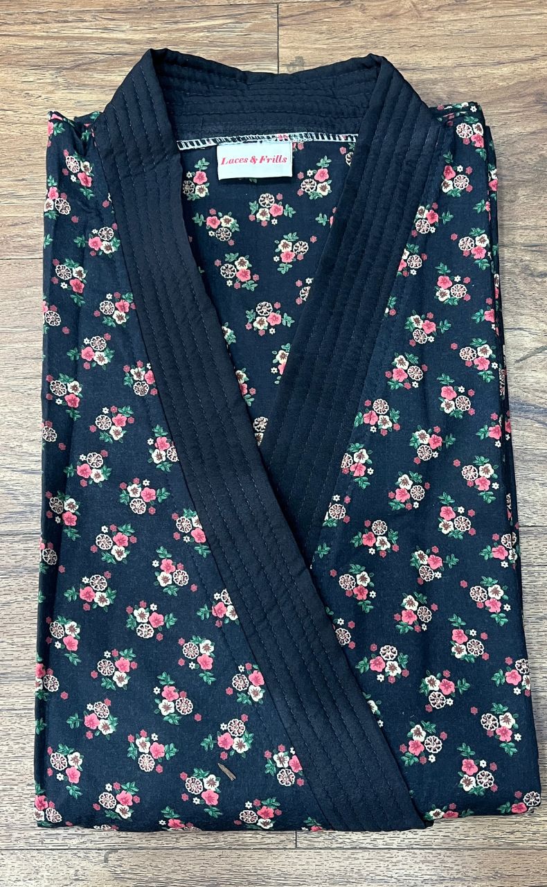Black Floral House Coat Set. Soft Breathable Fabric | Laces and Frills - Laces and Frills