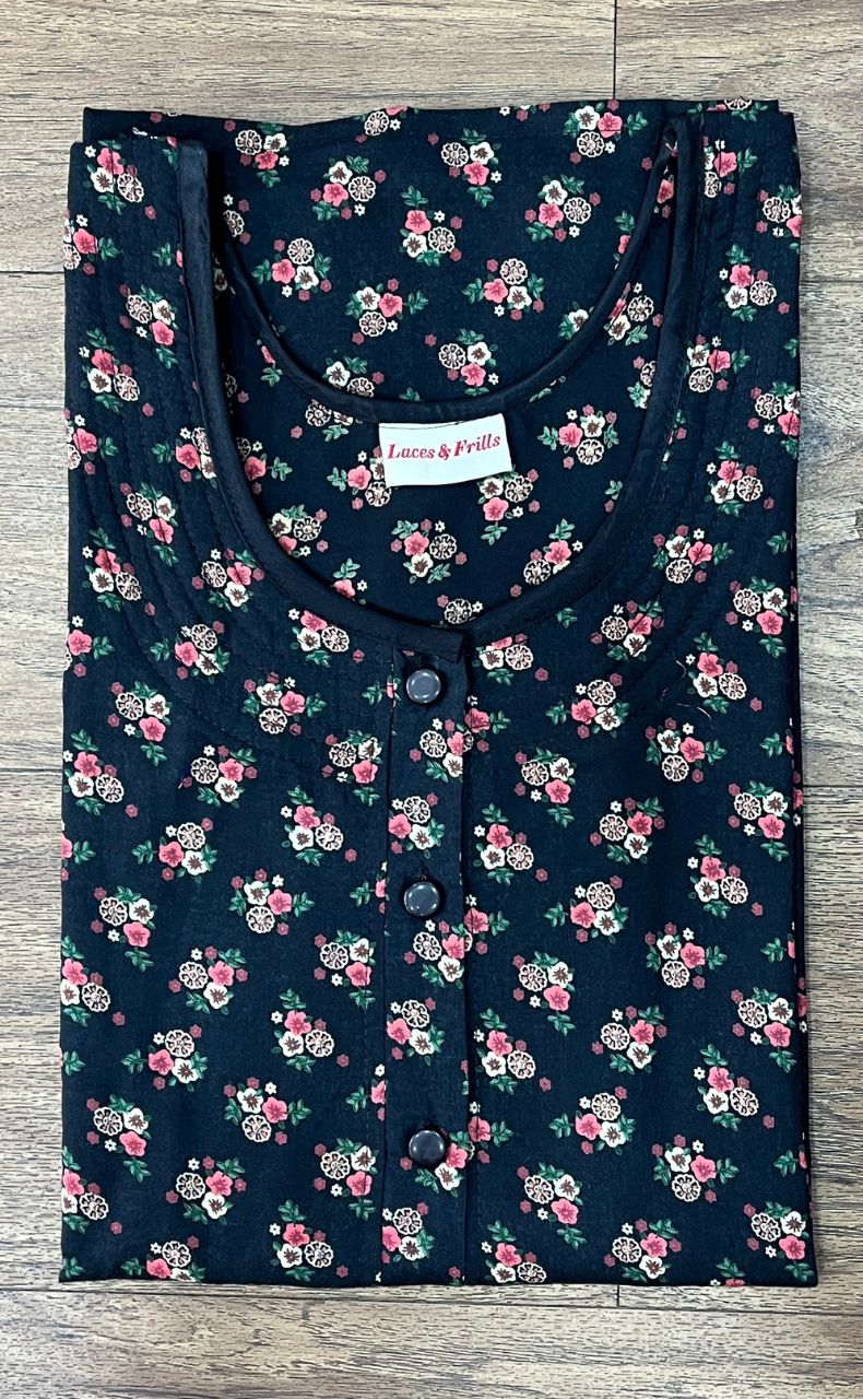 Black Floral House Coat Set. Soft Breathable Fabric | Laces and Frills - Laces and Frills