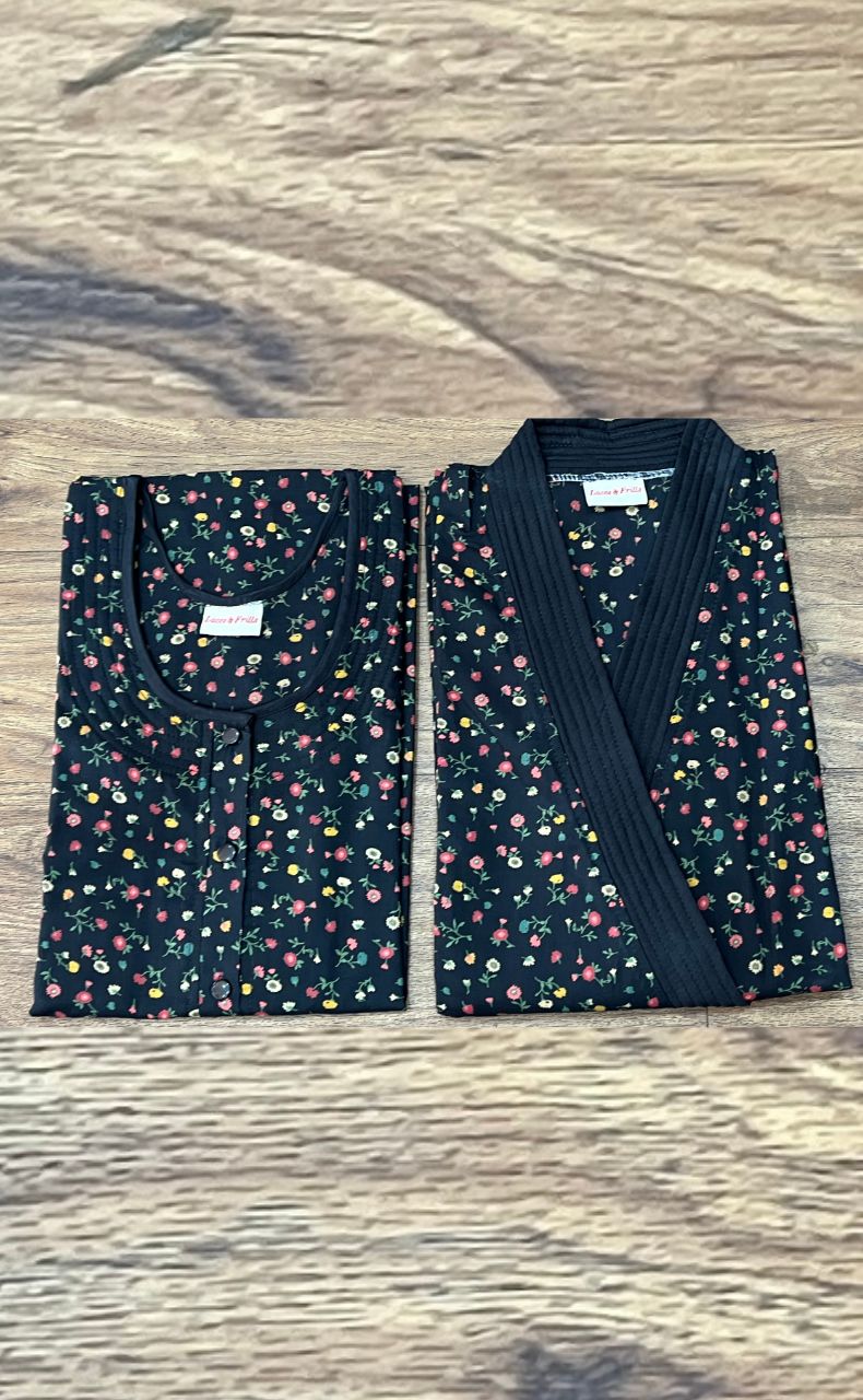 Black Flora House Coat Set. Soft Breathable Fabric | Laces and Frills - Laces and Frills