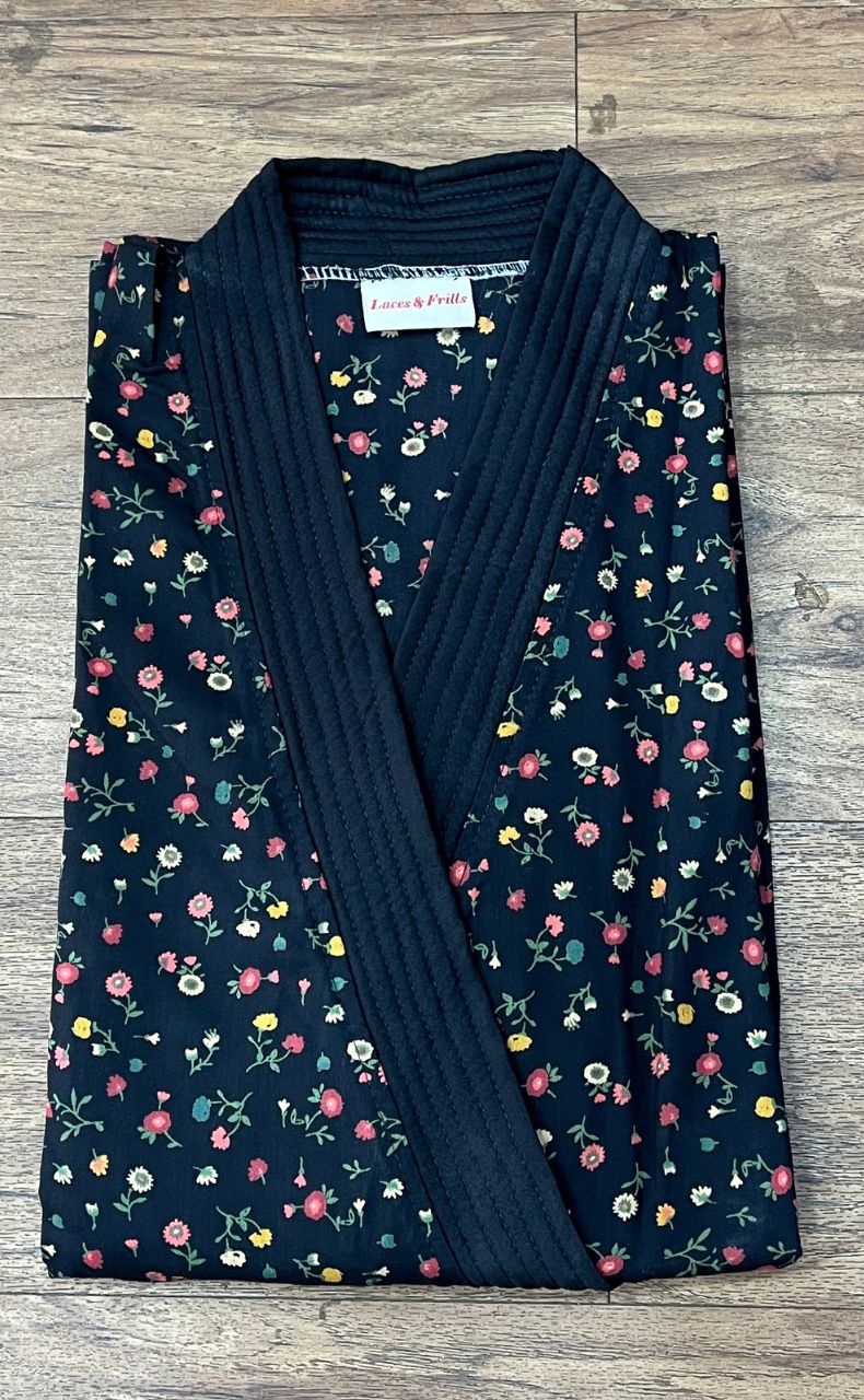 Navy Blue Flora House Coat Set. Soft Breathable Fabric | Laces and Frills - Laces and Frills