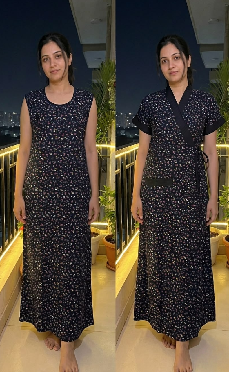 Navy Blue Flora House Coat Set. Soft Breathable Fabric | Laces and Frills
