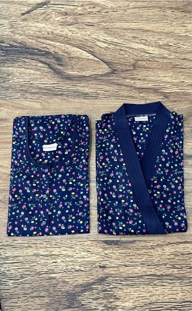 Navy Blue Flora House Coat Set. Soft Breathable Fabric | Laces and Frills - Laces and Frills