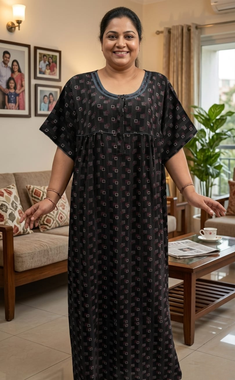 Black Geometric Spun Nighty. Flowy Spun Fabric | Laces and Frills