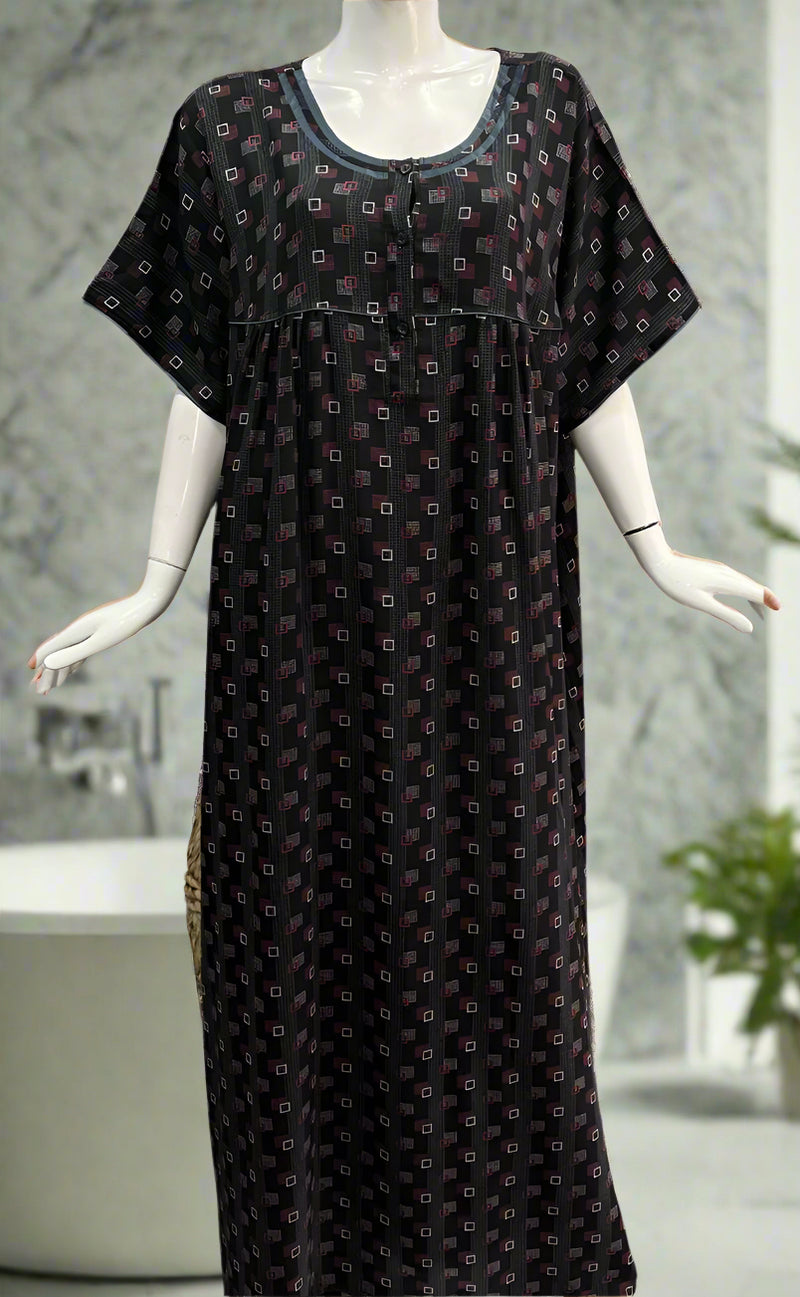 Black Geometric Spun Nighty. Flowy Spun Fabric | Laces and Frills - Laces and Frills