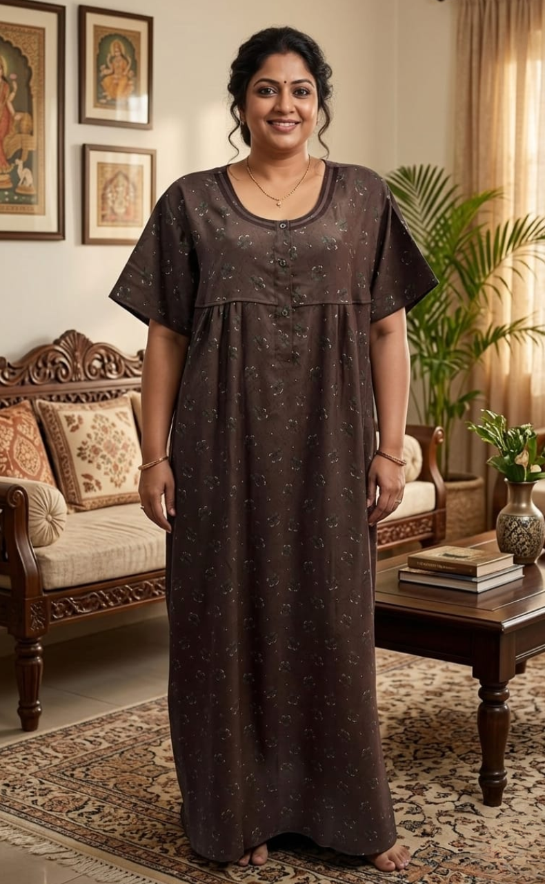 Brown Floral Spun Nighty. Flowy Spun Fabric | Laces and Frills